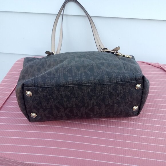 Michael Kors Jet Set Tote Shoulder Bag Brown MK Signature Logo Side Pockets - Picture 9 of 9